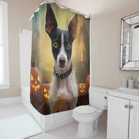 Rideaux De Douche Halloween Rat Terrier Avec La Peur Citrouille (En situation)