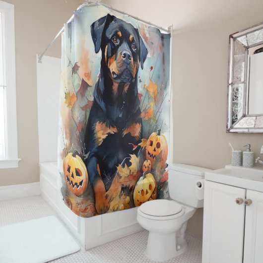 Rideaux De Douche Halloween Rottweiler avec la peur Citrouille (En situation)