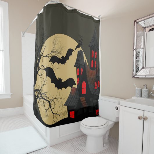 Rideaux De Douche Halloween Rouge noir Haunted Maison Pleine lune ch (En situation)