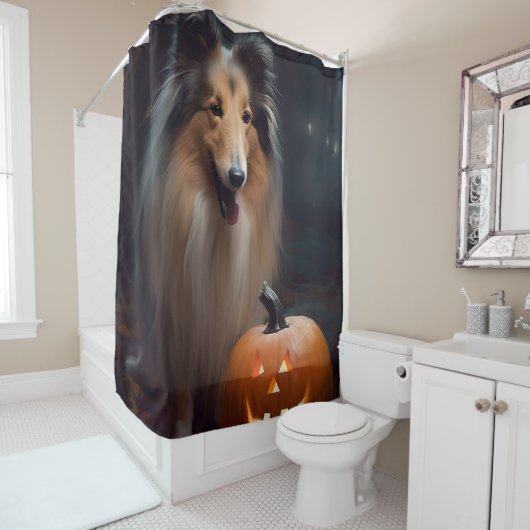 Rideaux De Douche Halloween Rough Collie Avec Citrouille effroi (En situation)