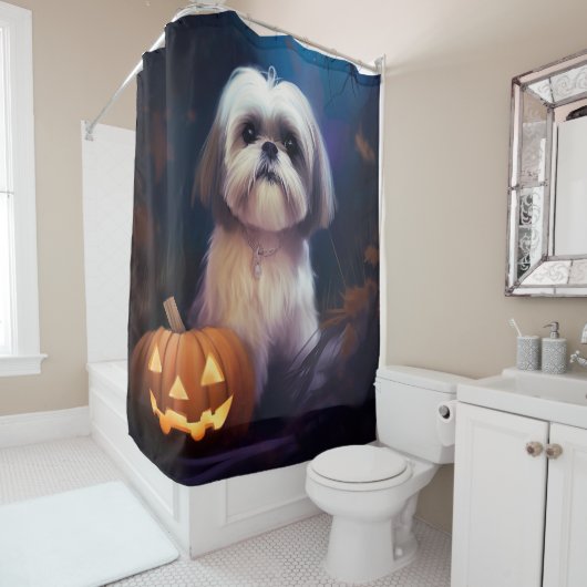 Rideaux De Douche Halloween Shih Tzu Avec La Peur Citrouille (En situation)