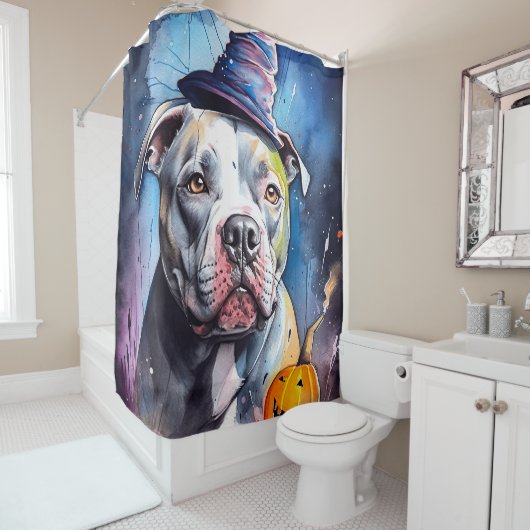 Rideaux De Douche Halloween Staffordshire Américain Avec Citrouilles (En situation)
