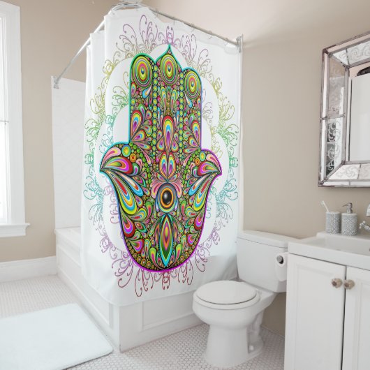 Rideaux De Douche Hamsa Fatma Main Psychedelic Art (En situation)
