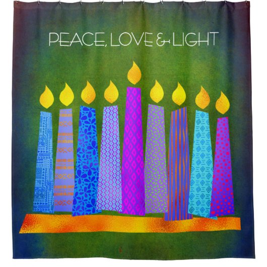 Rideaux De Douche Hanoukka Boho Blue bougies Green Peace Love Light (Devant)