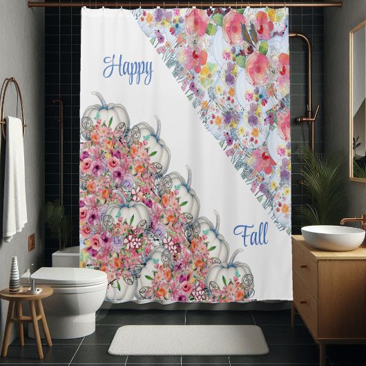 Rideaux De Douche Happy Fall Blanc Citrouille Aquarelle Floral Floro
