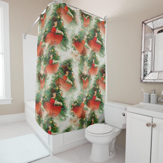 Rideaux De Douche Happy Girl Robe Robe Pine Nouvel An Blanc (En situation)