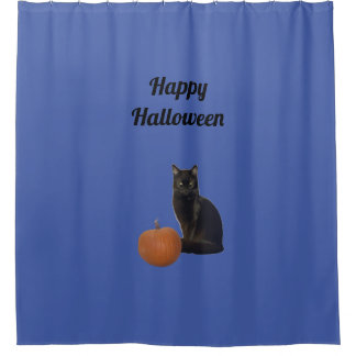 Rideaux De Douche Happy Halloween Chat noir et Citrouille orange Ble