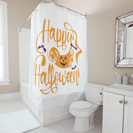 Rideaux De Douche Happy Halloween chauves-souris Jack-o'-lantern (En situation)