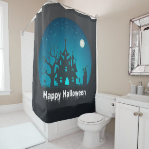 Rideaux De Douche Happy Halloween Maison hantée bleue et noire