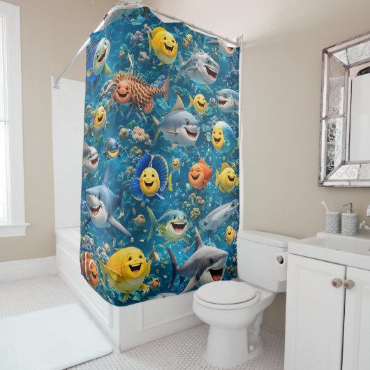 Rideaux De Douche happy smiling under sea creatures, shower curtain (En situation)