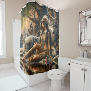 Rideaux De Douche Harmonie de la nature : Un Indien et ses loups