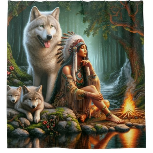 Rideaux De Douche Harmonie entre Indiens autochtones et loups dans l (Devant)