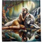 Rideaux De Douche Harmonie entre une Indienne autochtone et un loup (Devant)