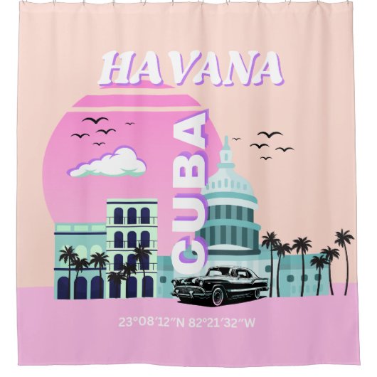 Rideaux De Douche Havana Cuba Pink Travel Art (Devant)
