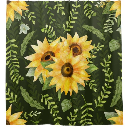 Rideaux De Douche Herbes de tournesols Feuille Motif d'aquarelle (Devant)