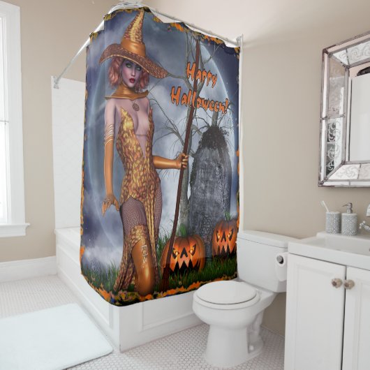 Rideaux De Douche Heureuse sorcière d'Halloween (En situation)