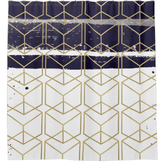 Rideaux De Douche Hexagon Modern Marine Blue Gold Glam géométrique (Devant)