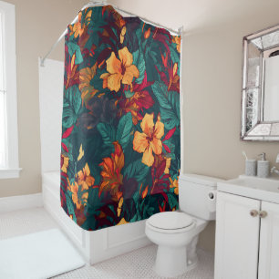 Rideaux De Douche Hibiscus coloré, Jaune Orange Vert Floral