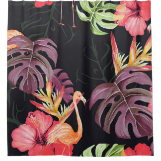 Rideaux De Douche Hibiscus, Flamants roses, Aquarelle Motif tropical