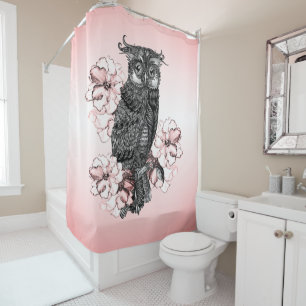 Rideaux De Douche Hibiscus Rose Chouette Grise