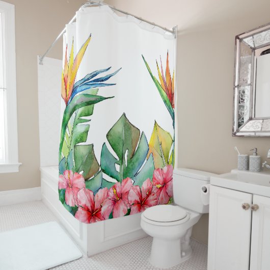 Rideaux De Douche Hibiscus rose Feuille vert tropical Hawaï (En situation)