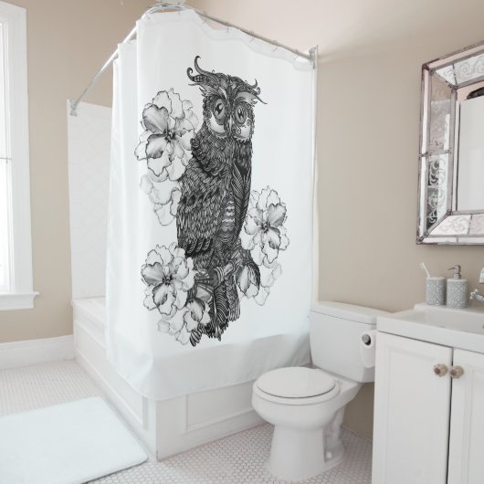 Rideaux De Douche Hibou gris Orchidées blanches (En situation)