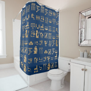 Rideaux De Douche Hiéroglyphes égyptiens dorés sur fond bleu