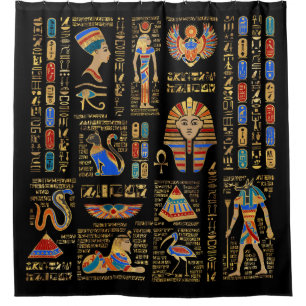 Rideaux De Douche Hiéroglyphes et divinités égyptiens en noir