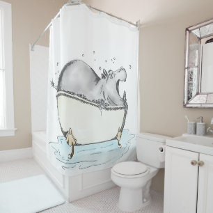 Rideaux De Douche Hippo Bath Illustration d'aquarelle
