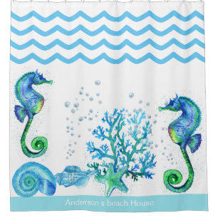 Rideaux De Douche Hippocampe nautique Personnalisé Aqua Turquoise &