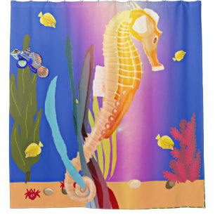 Rideaux De Douche Hippocampe orange attaché sur l'herbe marine