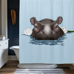 Rideaux De Douche Hippopotame Lotus Blanc Bleu