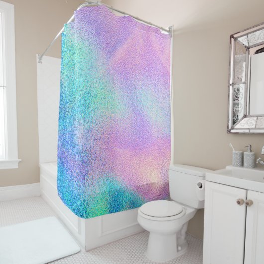 Rideaux De Douche Holographique texture réelle en bleu rose vert (En situation)