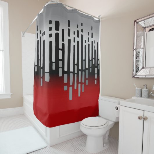 Rideaux De Douche horizon Abstrait, rouge, gris clair, noir (En situation)