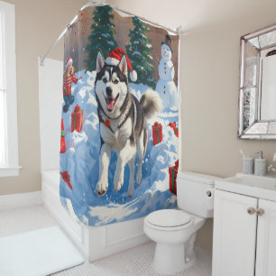 Rideaux De Douche Husky sibérien courant dans la neige avec un chape