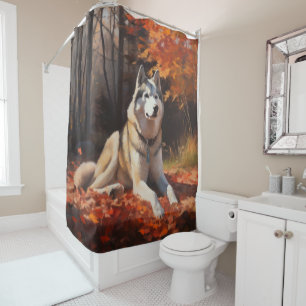 Rideaux De Douche Husky Sibérien dans les feuilles d'automne qui tom
