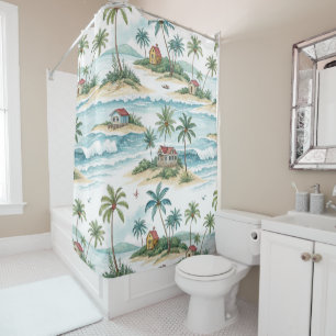 RIDEAUX DE DOUCHE HUTTES TROPICALES PASTEL À L'AQUARELLE SUR LA PLAG