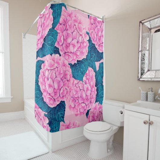Rideaux De Douche Hydrangea aquarelle motif, rose et bleu (En situation)