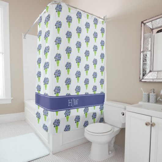 Rideaux De Douche Hydrangea Bleue Vase Vert Rayure Côtière (En situation)