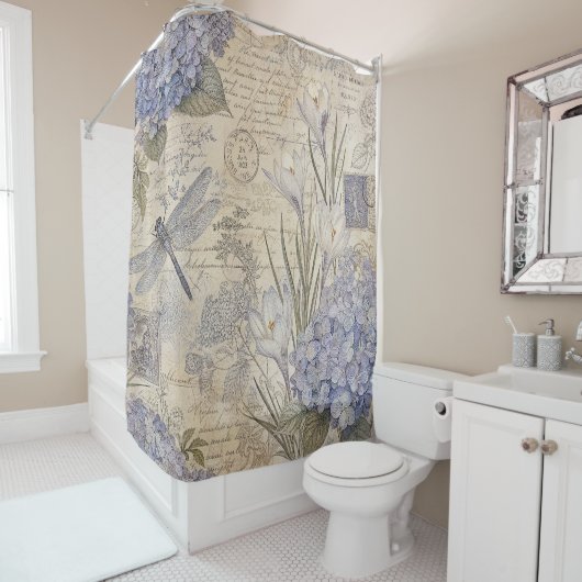 Rideaux De Douche Hydrangeas et Libellule Shabby Chic (En situation)