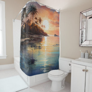 Rideaux De Douche Île tropicale Palmiers Ocean Beach Sunset