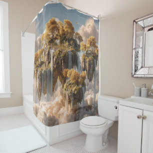 Rideaux De Douche Îles flottantes surréalistes avec des arbres dorés