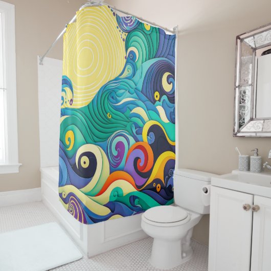 Rideaux De Douche Illustration Abstraite de la ligne Sun Waves (En situation)