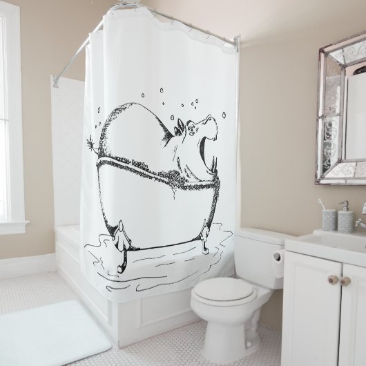 Rideaux De Douche Illustration amusante de bain Hippo noir (En situation)