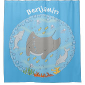 Rideaux De Douche Illustration d'une mignonne raie manta et de bulle (Devant)