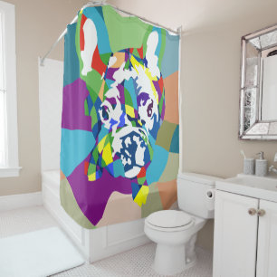 Rideaux De Douche Illustration Graphique de Bouledogue Français Bleu