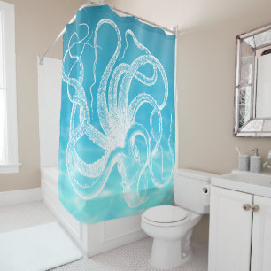 Rideaux De Douche Illustration Vintage blanc Kraken Océan Eau