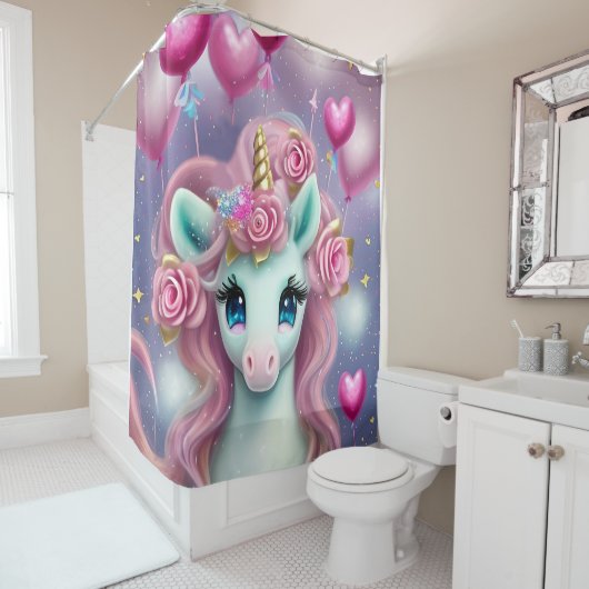 Rideaux De Douche Imaginaire Bébé blanc licorne avec Coeurs roses (En situation)