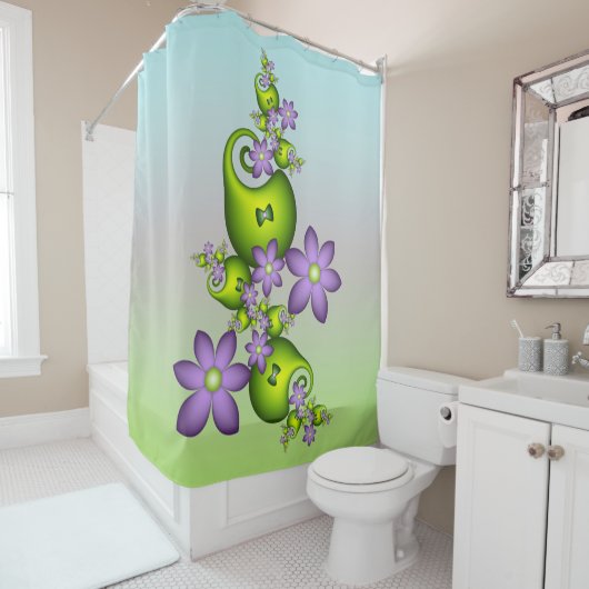 Rideaux De Douche Imaginaire Floral Fleurs Lilac Formes vertes Fract (En situation)