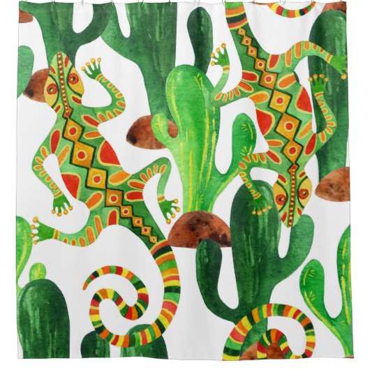 Rideaux De Douche Impression Cactus Lizard Aquarelle (Devant)